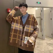 Cotton Cardigan Men's Warm Fashion Retro Casual Plaid Sweater Jacket Men Streetwear Loose Sweater Coat Mens Korean Clothes M-2XL