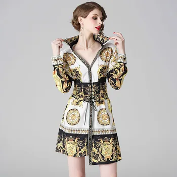 

A- Women Dress 2020 New Summer Women's Sleeve Contrast Color Flower Print Dress Belt Runway Shirt Dress