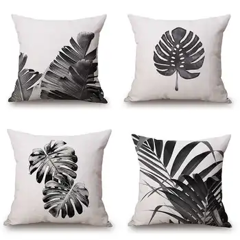 

Black And White Plant Leaf Pattern Cotton Linen Pillowcase for Home Office Sofa Seat Decor Textile Throw Printed Pillow Cover