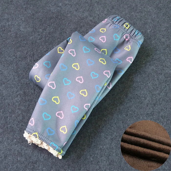 Grey Love Leggings Осень-зима, плотные детские леггинсы для девочек, вельветовые кружевные штаны с мультипликационным принтом, теплые штаны для девочек - Цвет: Grey Love Leggings