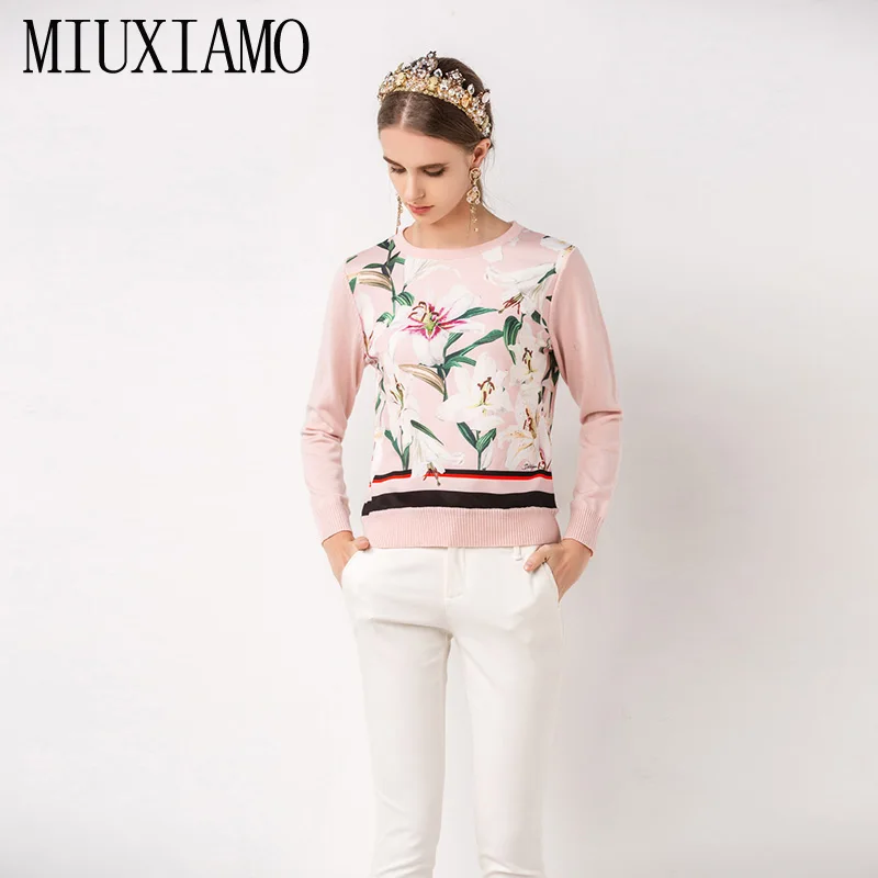 MIUXIMAO/ осень, Новое поступление, Европейская мода, повседневная рубашка с длинными рукавами и круглым вырезом, с цветочным принтом лилии, элегантные топы для женщин