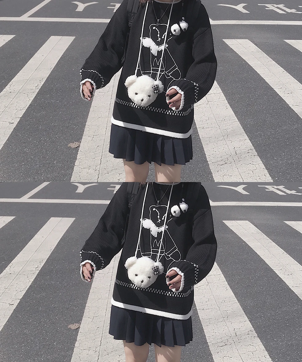 Японский винтажный женский свитер Harajuku Kawaii с принтом медведя, милый пуловер с круглым вырезом, осенняя и зимняя новая одежда, топы черного и белого цвета - Цвет: Black