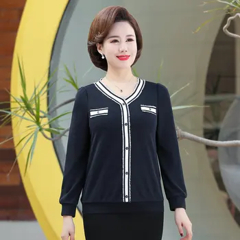 

Autumn Blusas Mujer White Navy Blue Top Long Sleeve V-neck Fake Button And Pockets Design Office Blouse Lady Plus Size Clothes