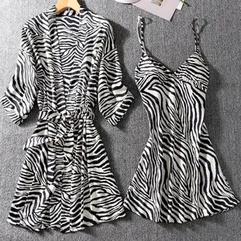 

Satin Female Kimono Bathrobe Gown Sexy Nightwear 2PCS Sleep Set Intimate Lingerie Casual Print Sleepwear Nightdress Home Wear