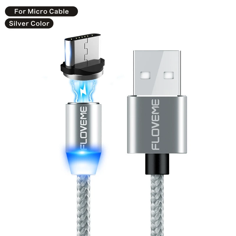 FLOVEM Магнитный кабель Micro usb type C USB-C кабель 1 м 2 м светодиодный короткий usb кабель для зарядки магнитное зарядное устройство круглый разъем для iPhone XR - Цвет: For Micro Silver