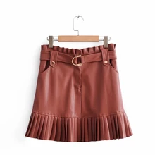 Новинка, Женская шикарная юбка из искусственной кожи, плиссированная Женская Базовая модная мини-юбка с поясом-бабочкой и карманами на молнии