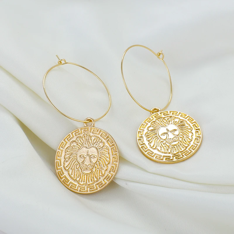

ANESOA Fashion Gold Color Alloy Round Flat Lion Head Pendant Earrings For Women Metal Geometric Temperament Earring Jewelry Gift