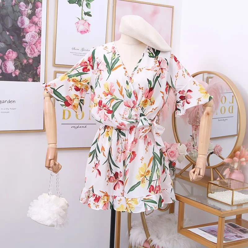 V Neck Flare Short Sleeve Print Wide Leg Jumpsuit Holiday Beach Multicolor Ruffles Bodysuit High Waist Hip Playsuit Barboteuse V Neck Flare Short Sleeve Print Wide Leg Jumpsuit Holiday Beach Multicolor Ruffles Bodysuit High Waist Hip Playsuit Barboteuse