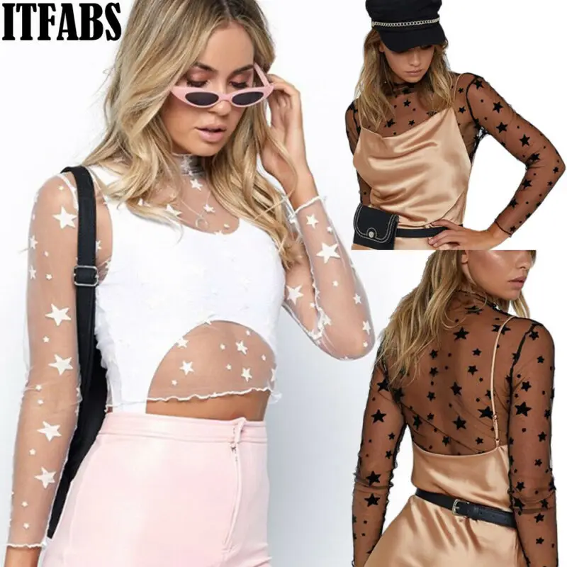 

Womens Mesh See Through Dance Tops Long Sleeve Turtleneck Star Print Perspective Dance Blouse