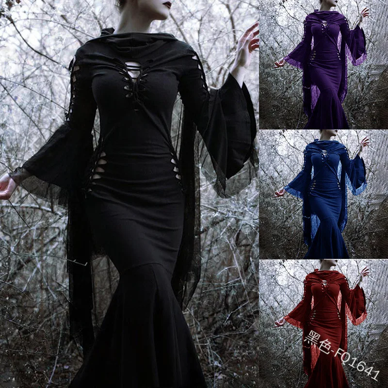 Halloween Gothic Hooded Maxi Dress 