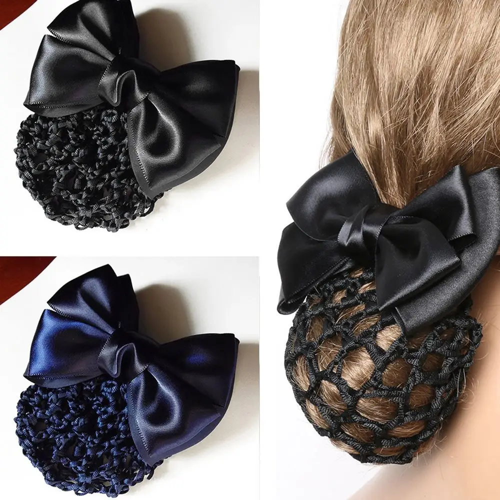 Professional Fashion Women Bow Barrette Hair Clip Cover Bowknot Bun Net Snood Hairnet Styling Accessory Office Worker Headwear