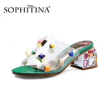

SOPHITINA Summer Slide Sandals Fashion Colored Rhinestone Rivet Women Chunky Heeled Summer Casual Party Dress Jelly Shoes PO571