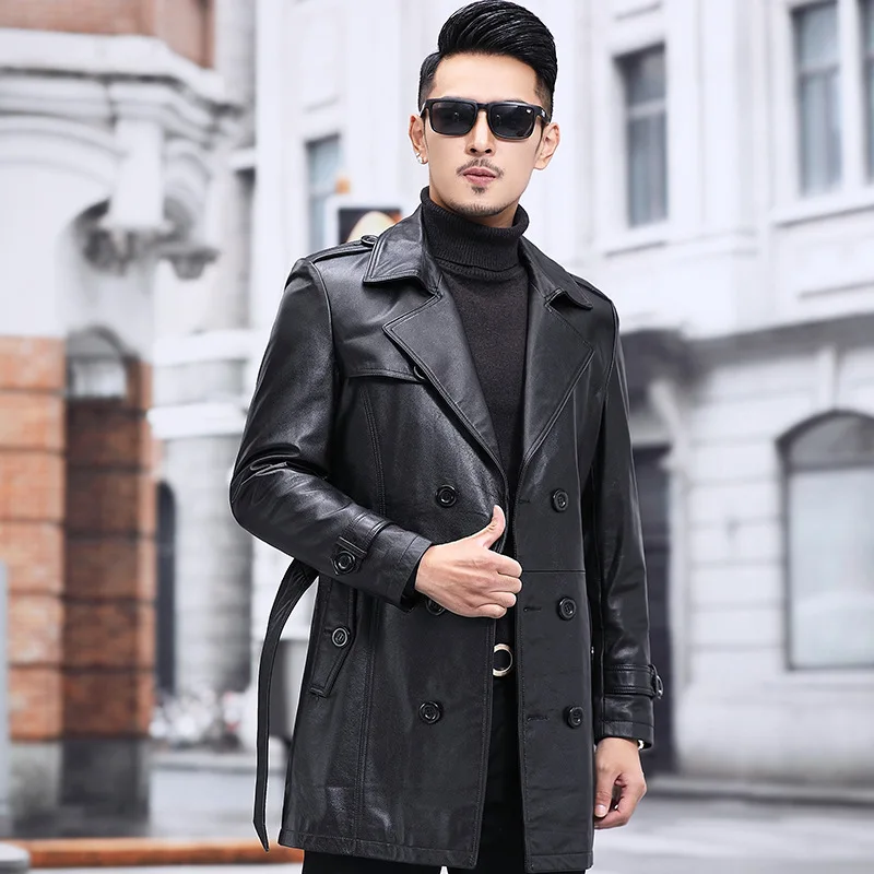 Men's Genuine Leather Coat Cowskin Trench Dust Coat Lapels Jacket