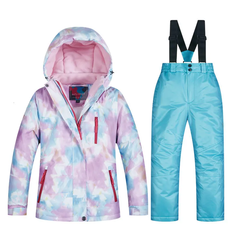 Детский лыжный костюм, детский брендовый ветрозащитный водонепроницаемый теплый зимний комплект для девочек, зимняя куртка для катания на лыжах и сноуборде для детей - Цвет: RT003 Sk blue