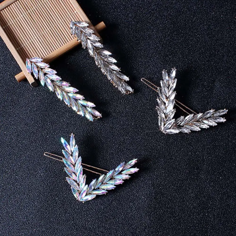 

Korea Simple Style Hairpins Elegant Lady Crystal Leaves V shape Side Clip Bangs Clip Word Hair Clips