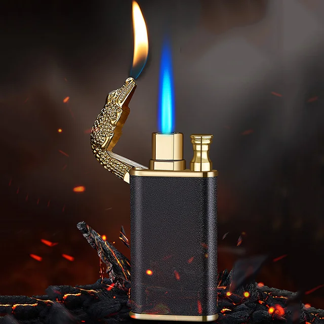 Brand New Blue Flame Metal Crocodile Inflatable Lighter Creative Windproof Double Fire Butane Jet Turbo Lighters Fun Gift 4