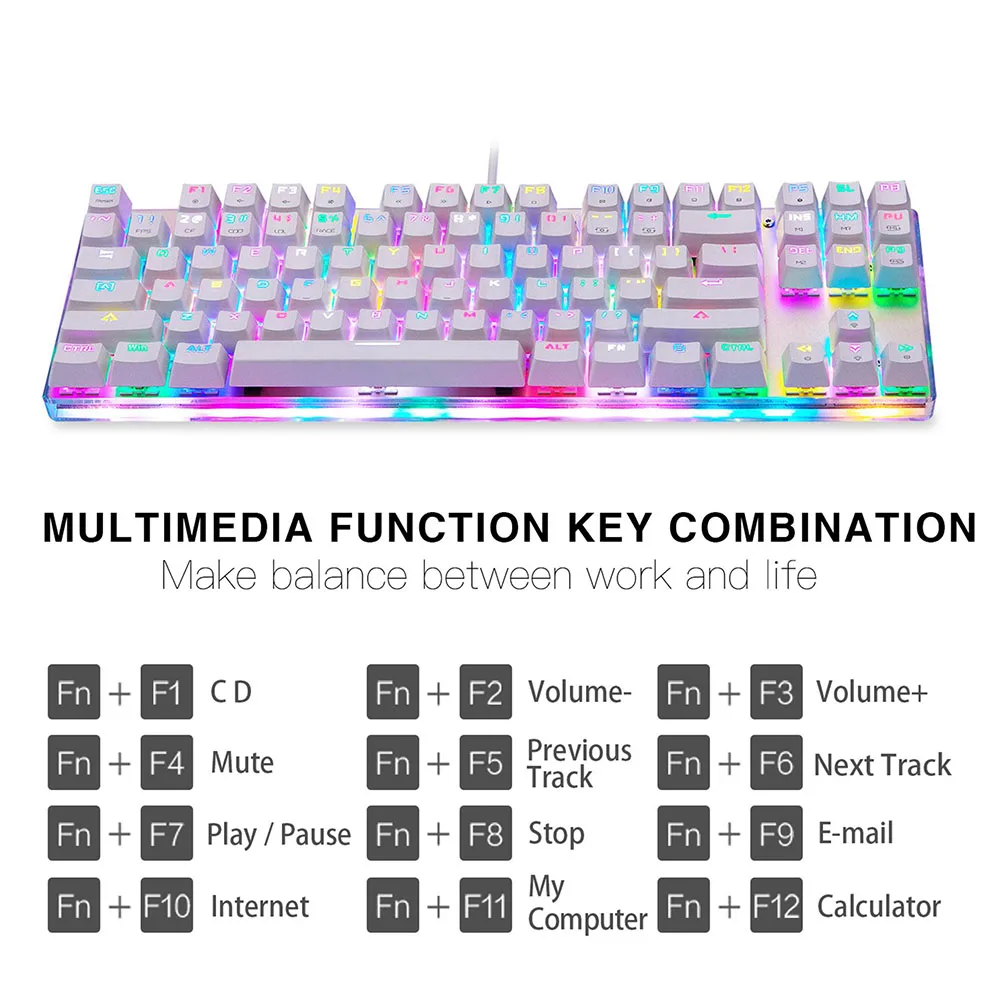 Motospeed K87S RGB NKRO Mechanical Gaming Keyboard - White With USB Cable 87 Key With RGB Backlight Suitable For Gamer Computers