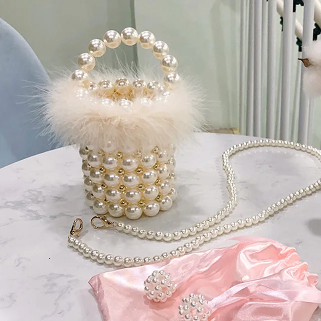 Luxury Design Mini Bucket Bag Pearl Beaded Women's Purse and Handbag Wedding Bridal Clutch Evening Bag Party Shoulder Bag white