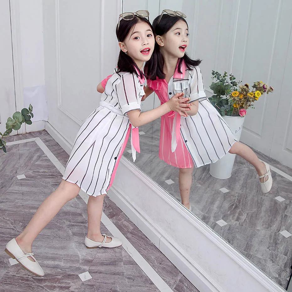 Girls Summer Dress Striped Blouse Dress for Girl Patchwork Kid Shirt Teenage School Costume for Girls girls dress kids clothes