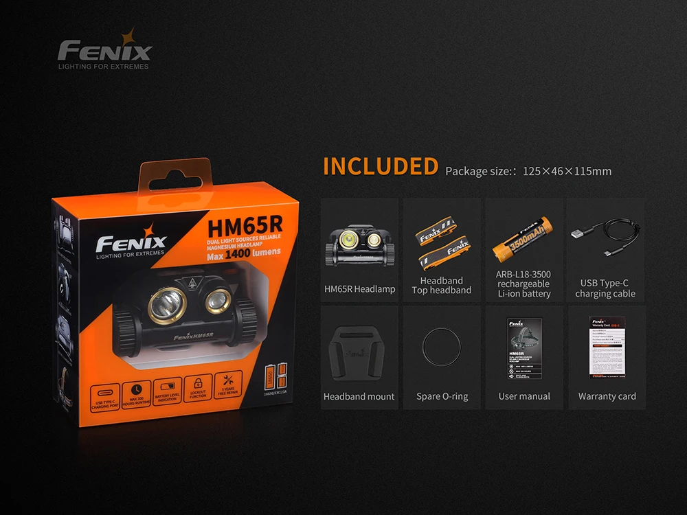 FENIX HM65R фары спорта на открытом воздухе двойной светильник источников Макс 1400 люмен бросок 163 метр налобный фонарь с зарядкой от USB+ 3500mAh Батарея
