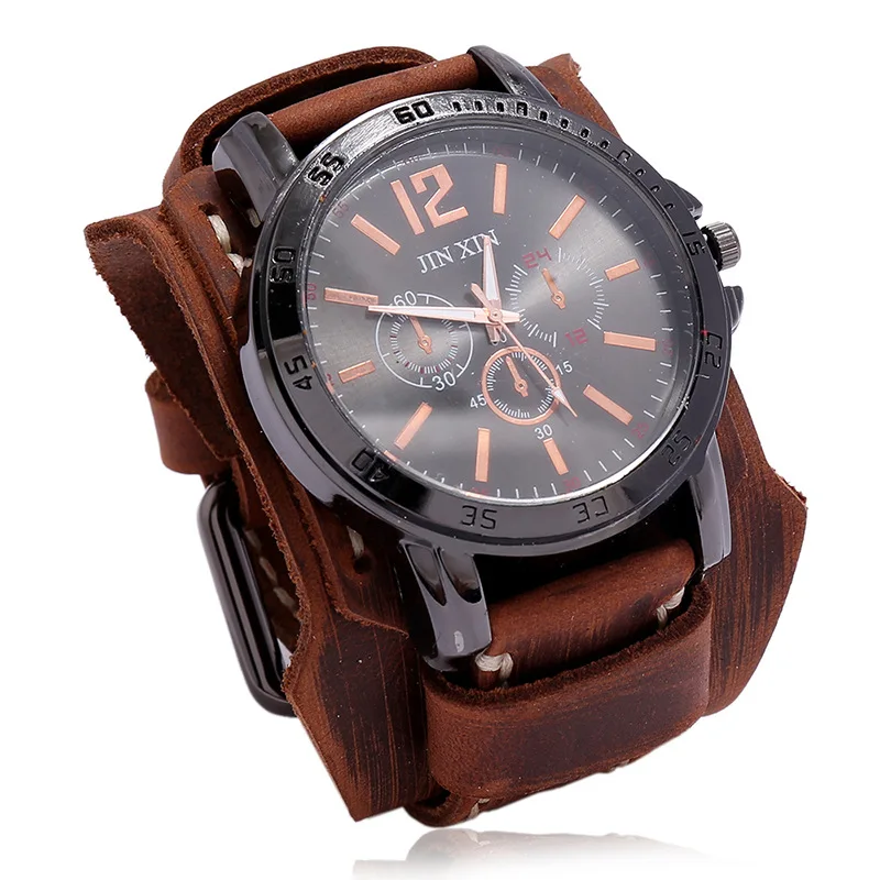 Luxury Mens Watch Quartz Big Dial Watches Vintage Punk Style Fashion Sport Watch Men Leather Strap Bracelet Men Gift Set Relojes