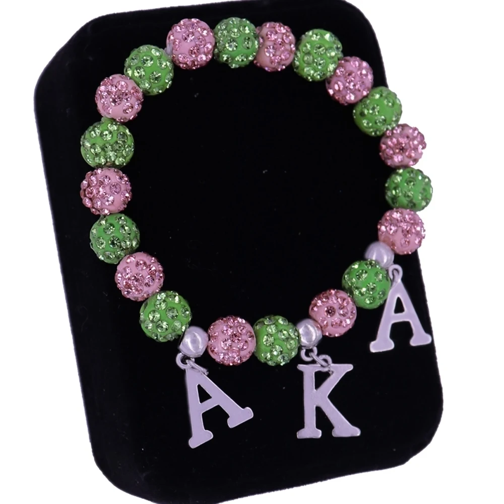 

Pink Green Crystal Ball Beads Stretch Greek Sorority AKA Bracelets And Bangles Alpha Kapp Alpha Groups Label Party Gift Jewelry