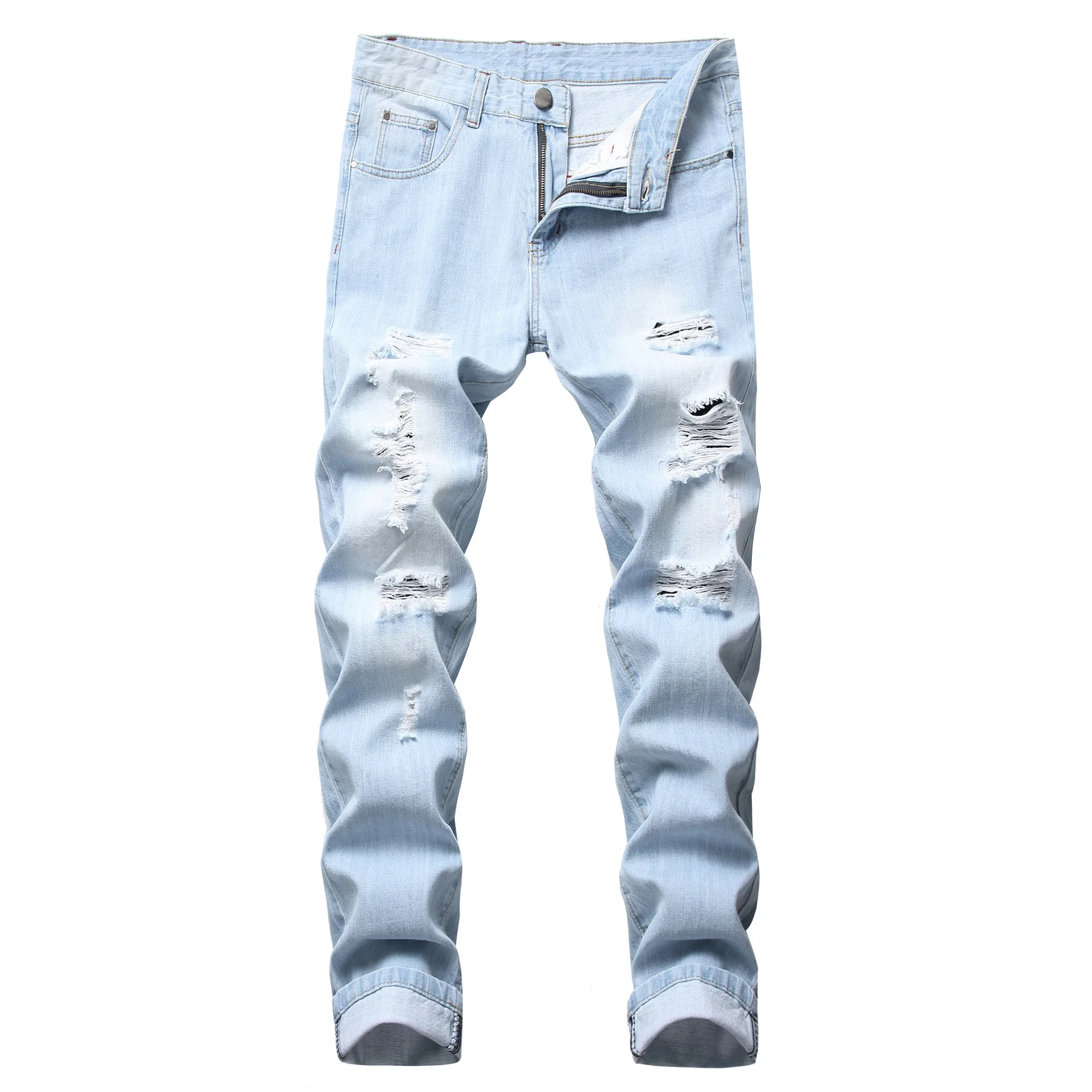 

MEN'S WEAR with Holes Straight Slim No Bombs Jeans Ragged Men Light Color Cowboy Trousers