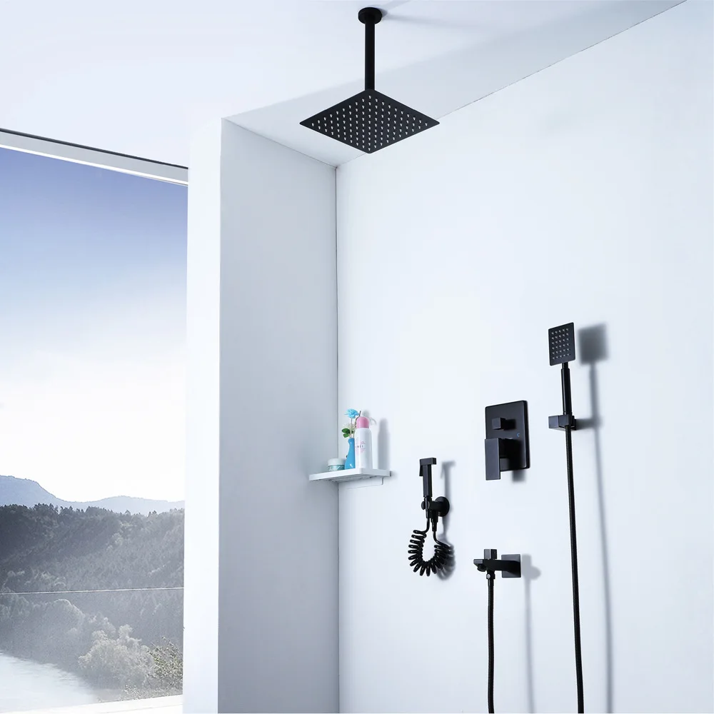 

Black And White with Pattern Shower Faucet Suit 10-Inch Ultra-Thin Suspender Top Spray Wall-in Cold Control Valve HI05051B