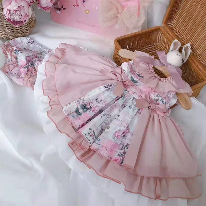 0-7Y Summer Spring Spanish Lolita Party Dress For Baby Girl Princess Sleeveless Bow Ball Gown Children Clothes 2PCS Vintage | Детская