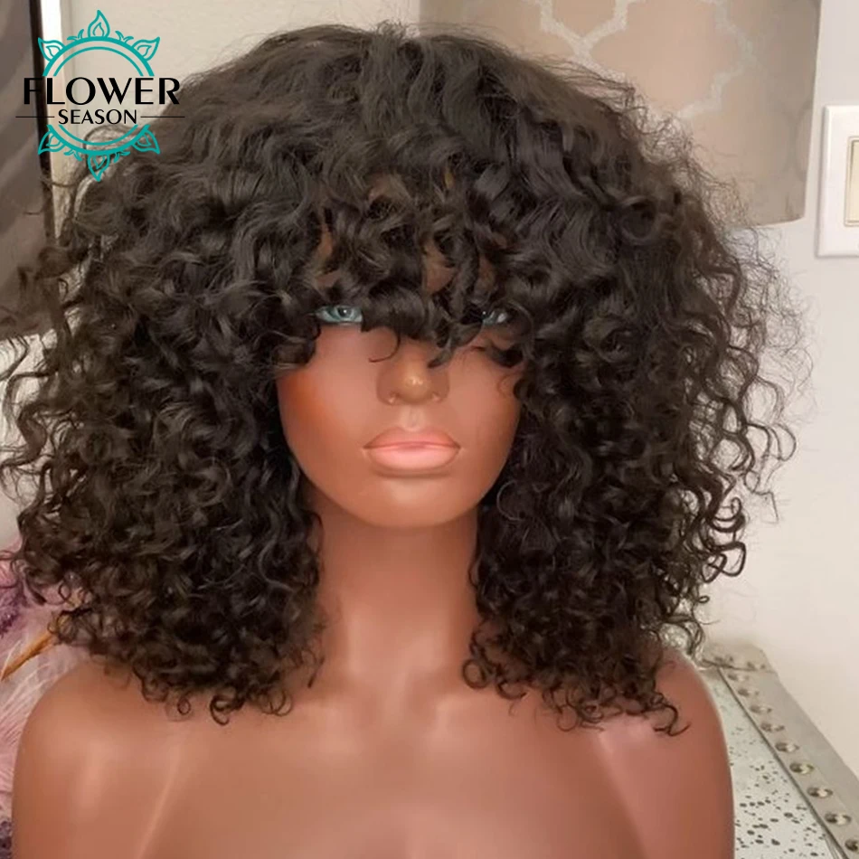Curly Human Hair Wig Indian Remy Kinky Curly Wigs With Bangs Full Machine Made Wig O Scalp Top 180Density Glueless Flowerseason