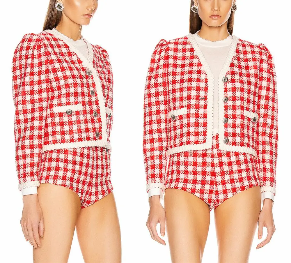 Classy Bicolor Gingham Tweed Jacket Elegant Contrast Plaid Wool Blend Cardigan Single Embossed Button Boxy Cropped Knit Outwear |