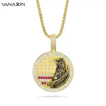 

VANAXIN Retro American Flag USA Star Eagle Design AAA Iced Out CZ Bling Bling Punk Gold Color Big Pendants For Men Gift Box Pack