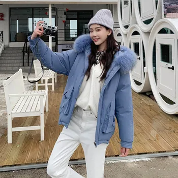 

Women Winter Parkas Jacket Large Fur Collar Loose Star Parka Coat Thick Warm Causal Hooded Solid Jackets Overcoats Outwear Tops