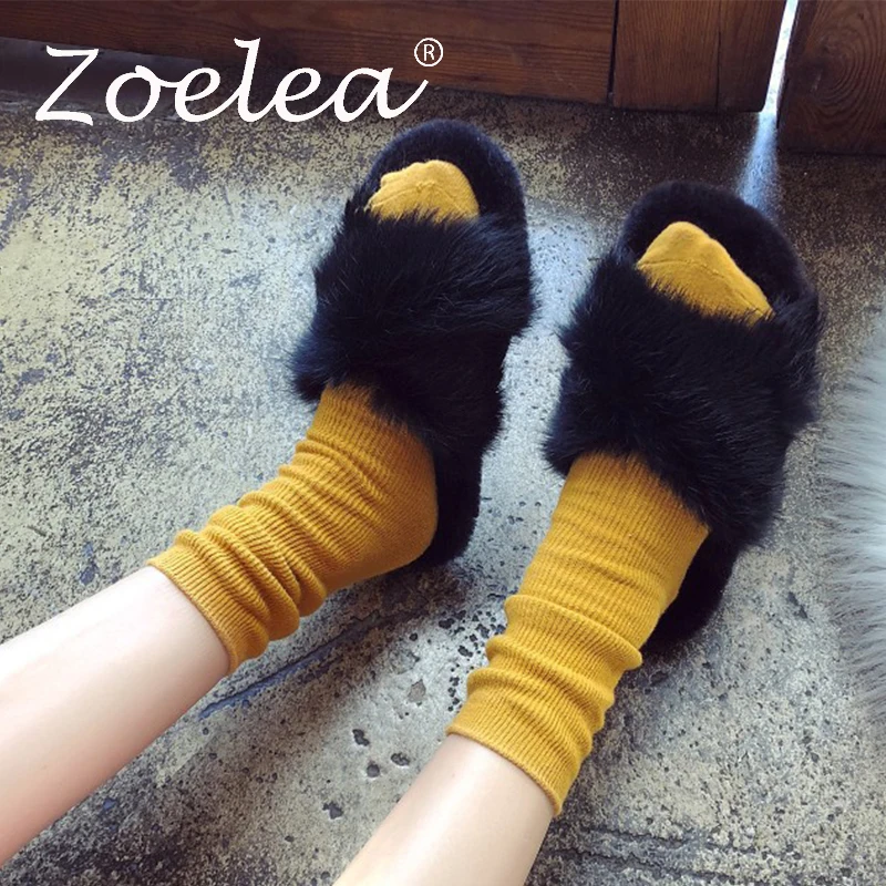 

Zoelea Winter Plush Women Home Slippers Faux Fur Warm Shoes Woman Slip on Flats Female Fur Flip Flops Black Plus Size 35-41