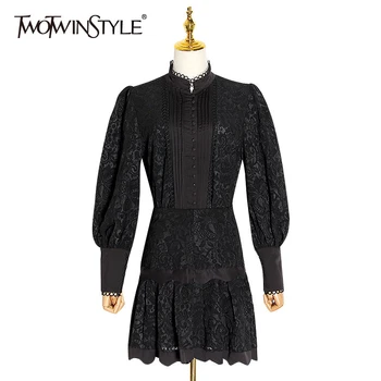 

TWOTWINSTYLE Print White Two Piece Set Women Stand Collar Hollow Out Lantern Long Sleeve Shirts High Waist Skirt 2020 Autumn New