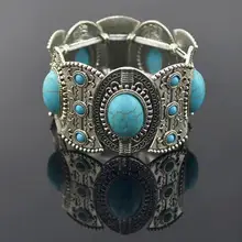 Этнические Tibetian серебро с голубым камнем браслеты и браслеты на запястье манжеты эластичный браслет массивные ювелирные изделия цыганские женщины Бохо племенной
