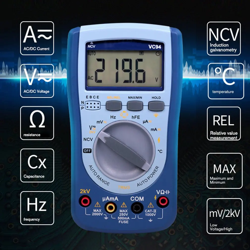 Digital Multimeter DC/AC Current Voltage T-RMS Auto Range NCV/Capacitor/ Frequency/Triode/ Diode/Temperature Tester VC94 Sale
