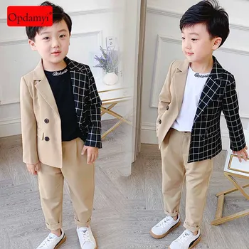 

Boy's Suit Fashion Stitching Plaid Two-Piece Jacket Trousers Children's Clothing Personality Suit