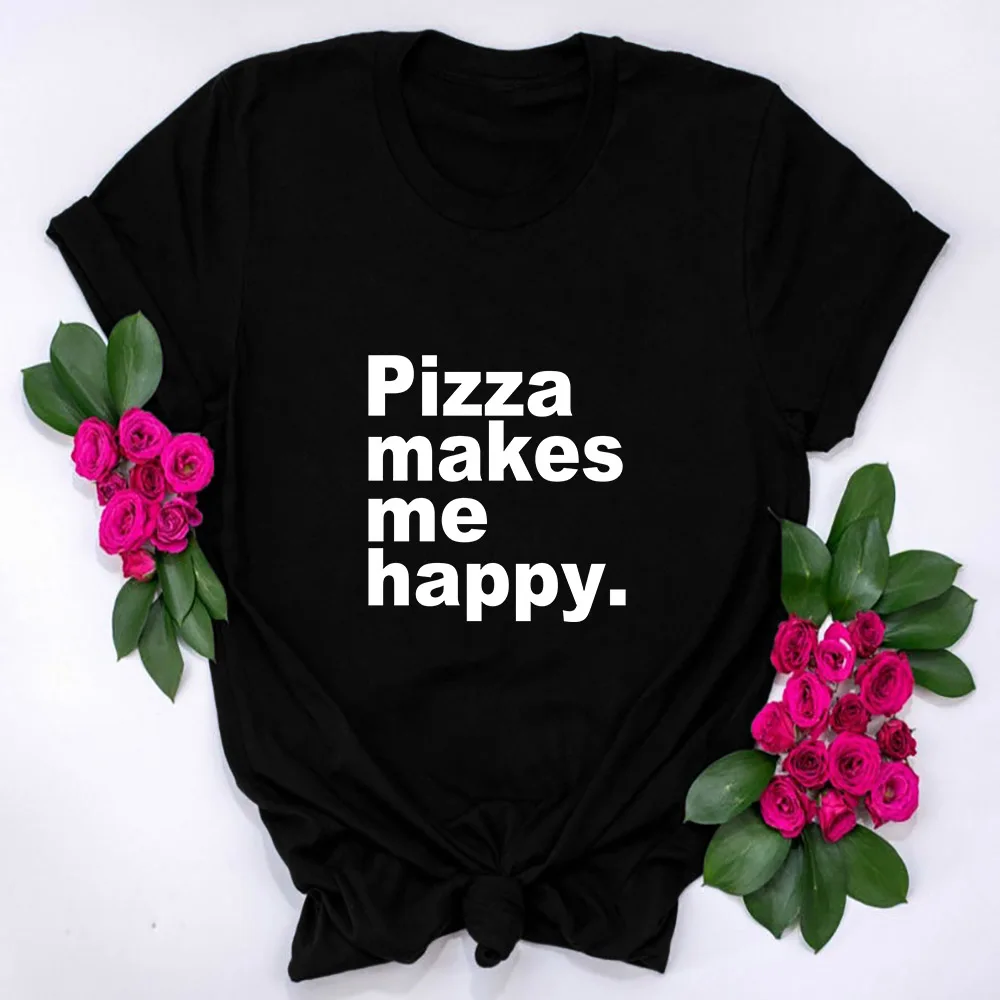 

2QIMU Tshirt Women Pizza Makes Me Happy Printed Women Casual Harajuku Fashion O-neck Short Sleeved Tee Shirt Femme Streetwear