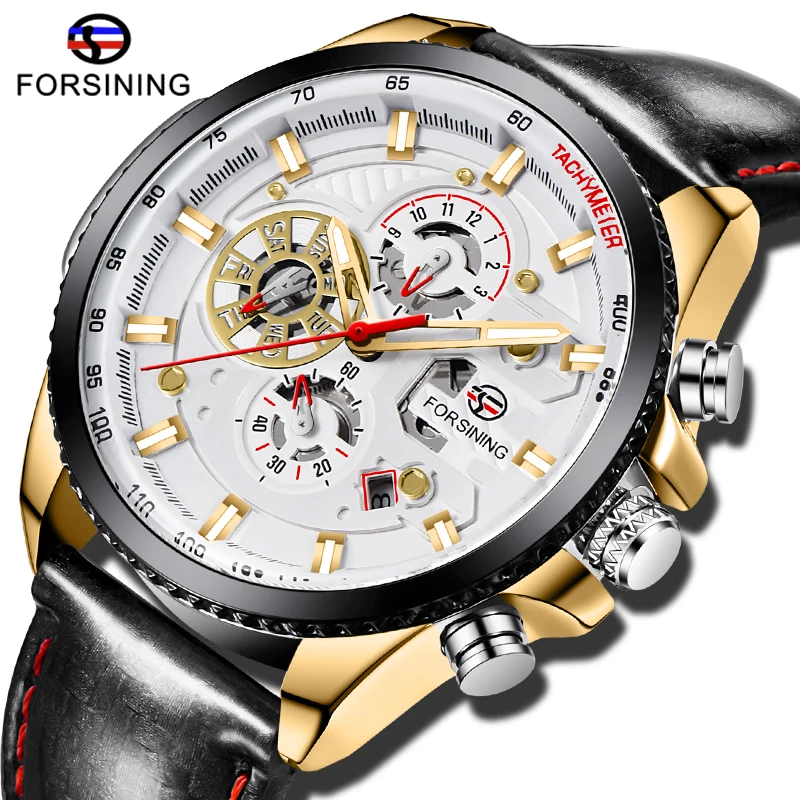 

New FORSINING Men Sport Automatic Wrist Watches 3 Dial Calendar Multifunction Military Leather Strap Luminous Hands Watches