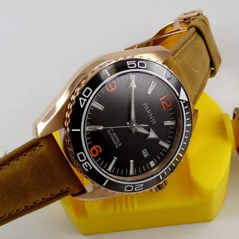 

45mm PARNIS black dial sapphire glass rose golden plated 21 jewels miyota automatic mens watch