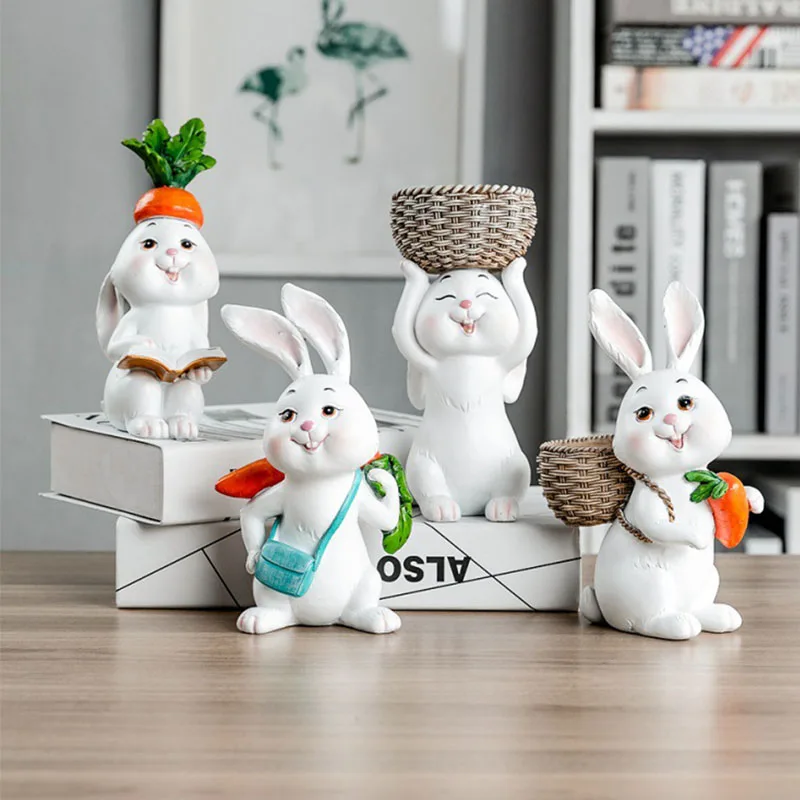 

Nordic Resin Cute White Rabbit Statues Home Decoration Living Room Animal Sculpture Modern Art Figurines Kids Birthday Gift