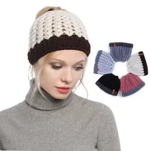 Повседневная вязаная шапка «конский хвост», теплая зимняя женская шапка, вязаная крючком однотонная Лоскутная облегающая шапка, эластичные шапки для девочек, модная спортивная шапка