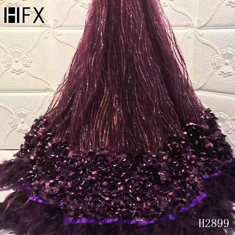 HFX африканская 3d цветок перо кружевная ткань Новинка нигерийское кружево ткань французское Тюлевое кружево с вышивкой ткань для свадьбы 5YR H2899