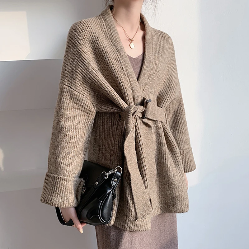 

Autumn Winter Cardigan Jacket Women Knit Loose Streetwear Knitwear V Neck Knitted Warm Cashmere Sweater Khaki Female Tops