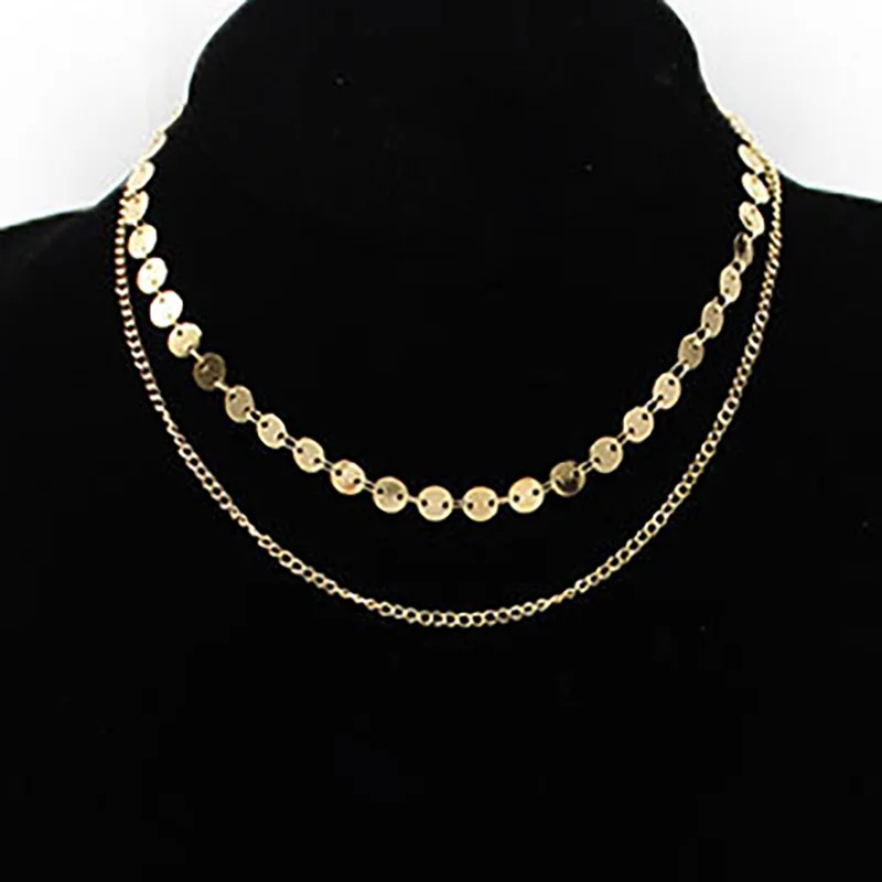 Simple Layer Sequins Clavicle Necklace Ladies Personality Gold Color Chain Necklaces for Women Fashion Collares Jewelry XL739 | Украшения и