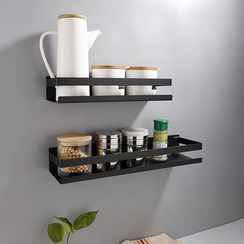 Stainless Steel Bathroom Shelf Black Shower Shampoo Storage Rack Adhesive Suqare Kitchen Bathroom Shlef 20cm 30cm 40cm 50cm