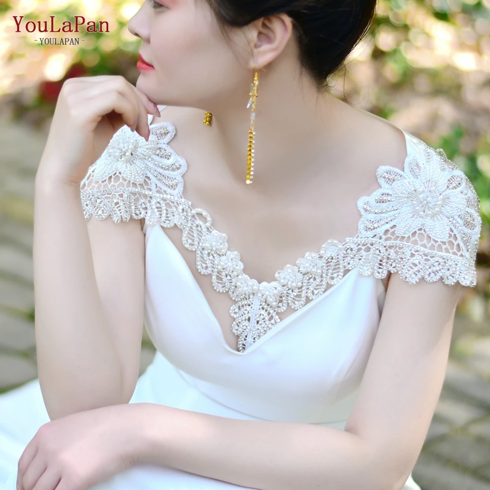 

YouLaPan SG12 Mesh Appliqued Crystal Wedding Dress Jacket Lace Trim Bridal Cape Cloak with Pearls Flower Vintage Tassels Bolero