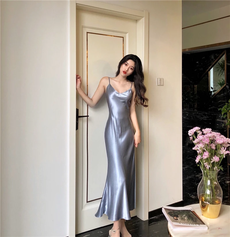 Sexy V Neck Fishtail Slip Satin Dress Thin Straps Tank Casual Long Slim Camisole Lady Beach Cami Female Dresses | Женская одежда