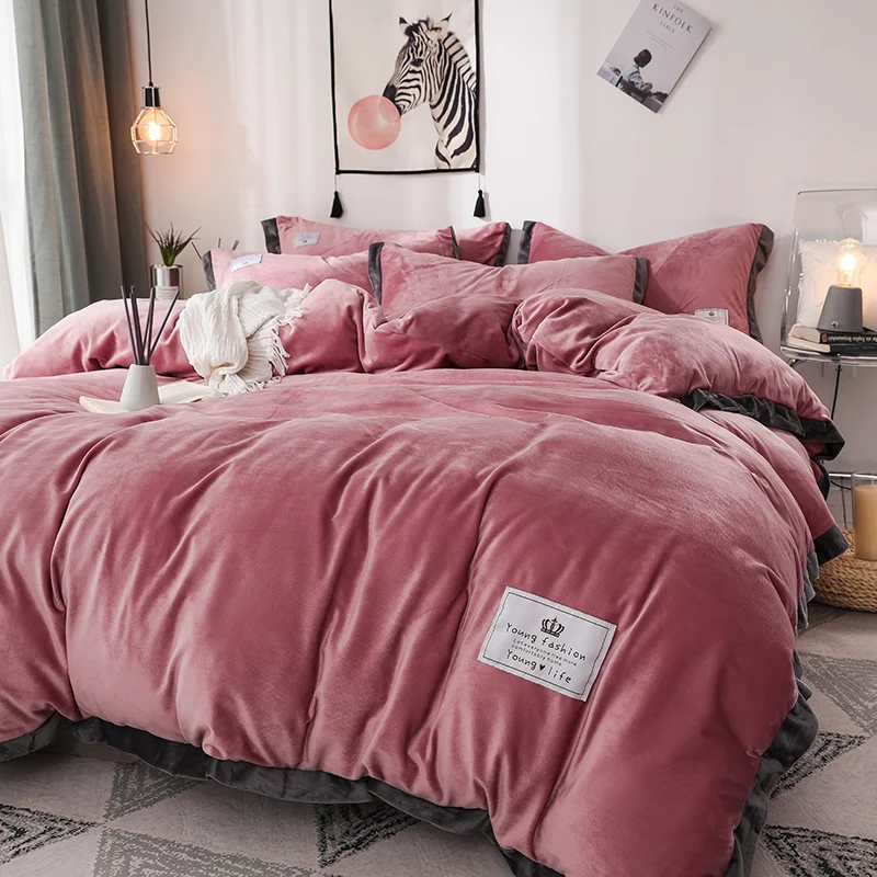 

Thick Velvet Denim Winter Coral Fleece Double-Sided Short Fiber Flannel Quilt Cover Baby Velvet Bed Sheet Three-Piece Set